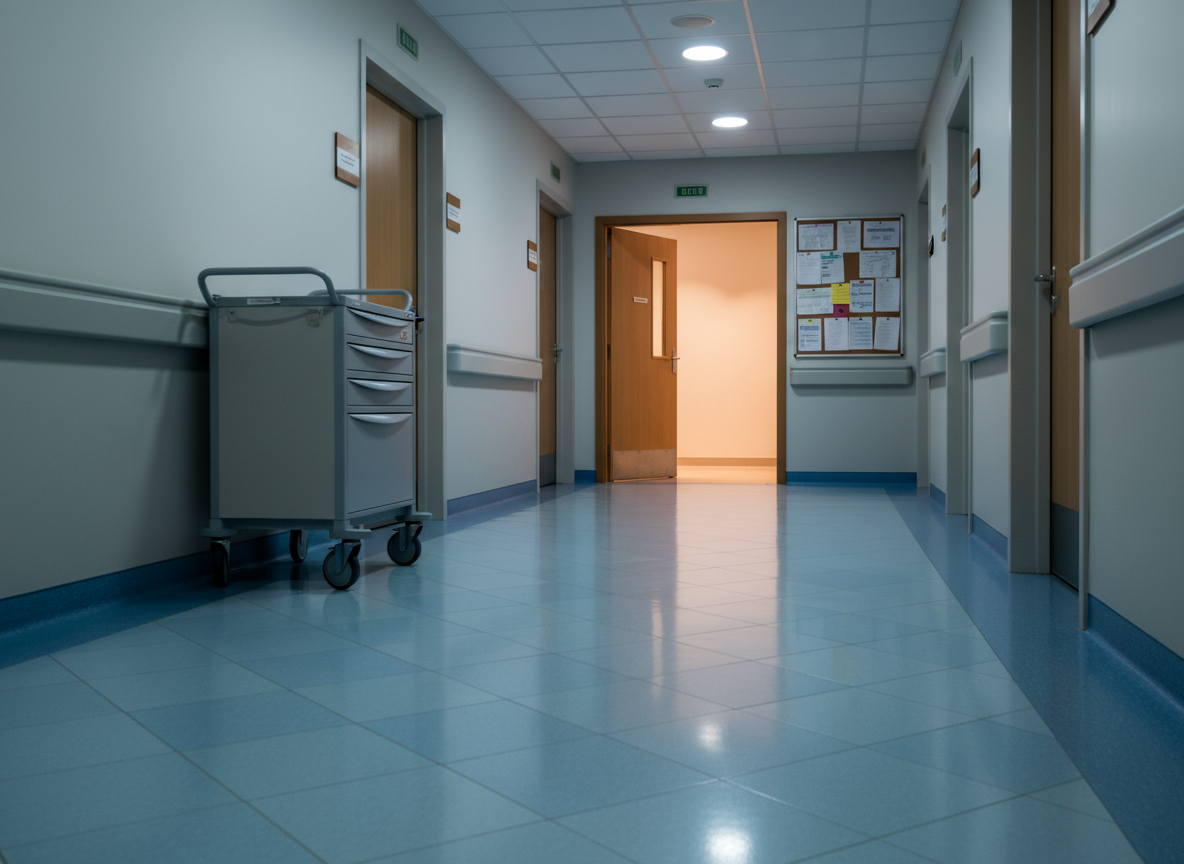 An empty hospital corridor photographed just after night shift, with polished linoleum floors reflecting soft overhead lights, and a single rolling medication cart parked neatly beside a wall. At the corridor’s end, a small staff-only lounge door stands slightly ajar, warm light spilling out and illuminating a bulletin board covered in anonymous printed notes and suggestion cards, their text subtly blurred. The dominant tones are soft blues and gentle grays, contrasted by the warm amber glow from the lounge. Shot from a low, slightly off-center angle, the composition uses leading lines from the floor tiles to draw the eye toward the inviting doorway. The atmosphere is quiet and contemplative, suggesting a safe retreat after a demanding shift, captured in crisp, realistic photographic detail with moderate depth of field.