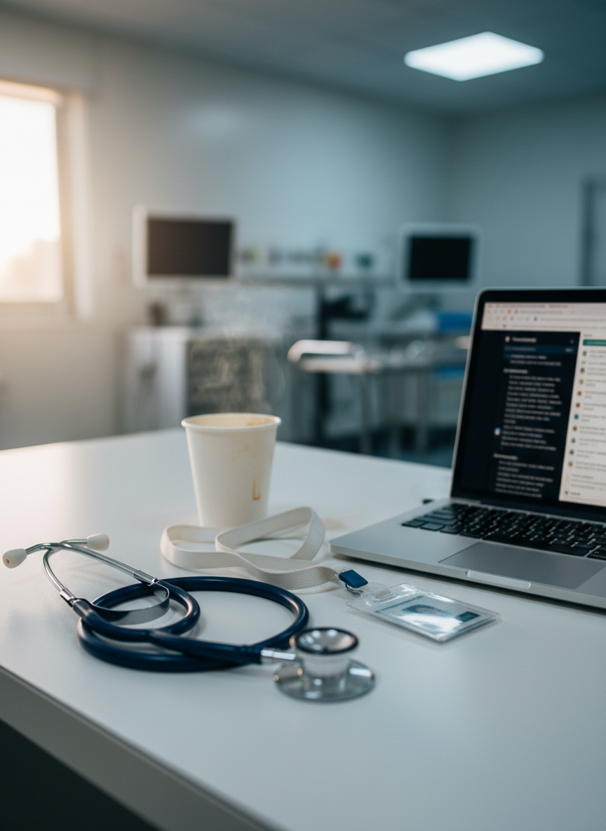 A close-up of a white hospital workstation desk at dawn, holding a slightly scuffed navy-blue stethoscope coiled beside a slim silver laptop showing a softly blurred anonymous discussion forum interface. Next to it rests a simple transparent plastic ID badge turned face-down, its lanyard loosely spiraled. A lukewarm paper coffee cup with subtle lipstick-free stains sits nearby, small wisps of steam barely visible. Cool, bluish overhead fluorescent lighting is softened by faint natural light entering from an unseen window, creating gentle reflections on the laptop’s metallic surface. The scene is composed with the laptop on the right third of the frame, stethoscope in the foreground, and background monitors and medical carts fading into tasteful bokeh. The mood is professional yet introspective, evoking a confidential space for honest conversation, rendered in clean, modern photographic realism.