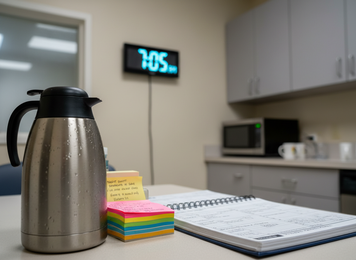 A neatly organized night-shift nurse’s break room table, featuring a stainless-steel thermal coffee pot beading with condensation, a slightly worn navy-blue planner open to a night schedule, and a stack of colorful sticky notes filled with tiny, blurred handwriting. Behind them, a digital wall clock reads 7:05 AM, its cool blue numbers glowing against a neutral wall. Soft, diffused early-morning light seeps in through a small frosted window, mixing with the subtle hum of fluorescent ceiling lights. The atmosphere feels quiet and decompressive, as if a long shift just ended. Photographic realism, shot at eye level with shallow depth of field, focusing sharply on the planner while the background break room cabinets and microwave softly blur into a calm, professional backdrop.