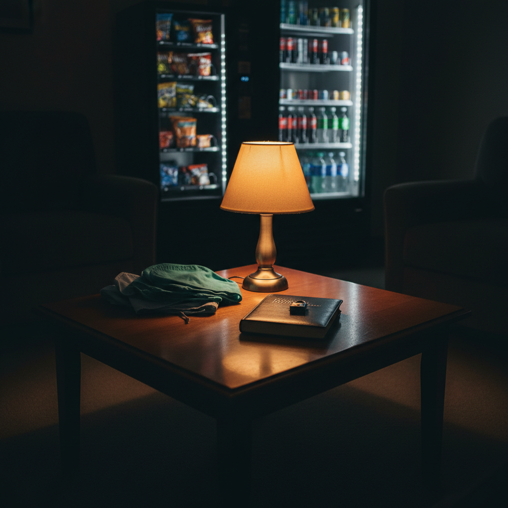 A dimly lit staff lounge corner in photographic realism, showcasing a low, dark-wood coffee table cluttered with discreet tokens of a night shift: a stack of folded scrub caps, a slightly dog-eared clinical reference book, and a simple, locked black notebook symbolizing anonymous stories. A small, softly glowing table lamp with a warm beige shade casts a gentle pool of light, leaving the rest of the room in comfortable shadow. In the background, a humming vending machine and a refrigerated glass door filled with drinks are softly out of focus. Shot from a slightly elevated angle, the composition centers on the notebook, with subtle reflections on the polished table surface. The mood is intimate, safe, and reflective, suggesting a confidential space where real thoughts are shared without judgment.